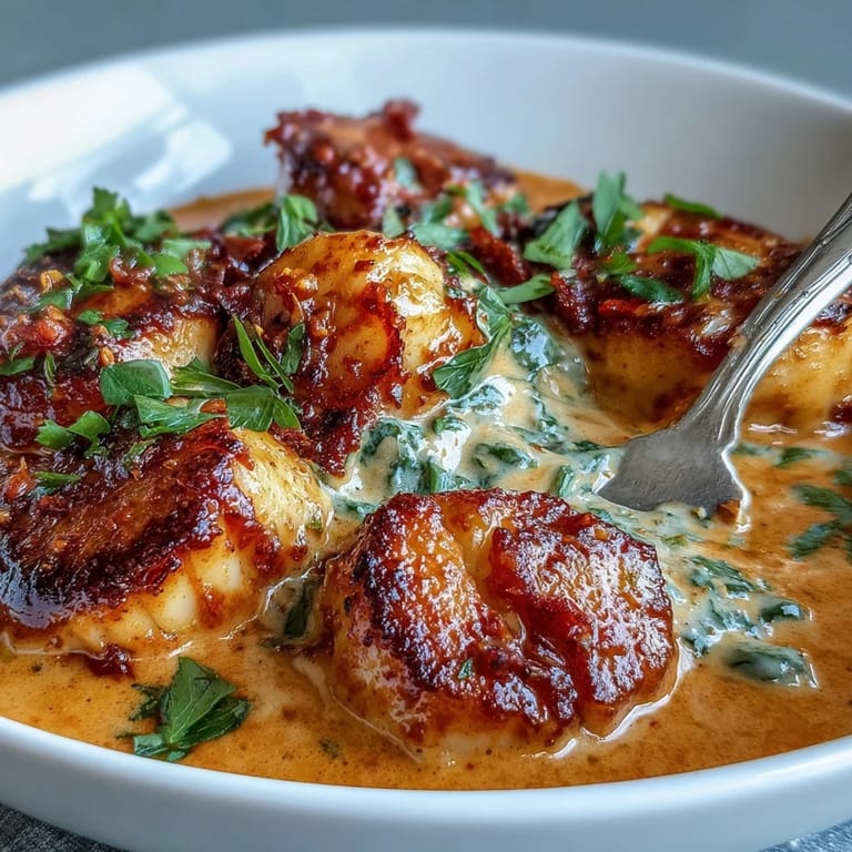 Perfectly seared scallops with spicy cream sauce, served as a main dish for a pescatarian meal.