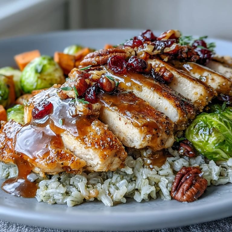 Diced sweet potatoes and Brussels sprouts roasted with rosemary mingle with sliced glazed chicken on a hearty rice bed in Maple Dijon Chicken Sweet Potato Bowls.