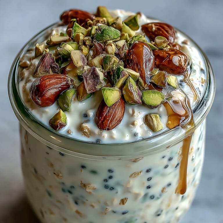 Bright morning light highlights the thick texture of Pistachio Overnight Oats made with oats, milk, and Greek yogurt.