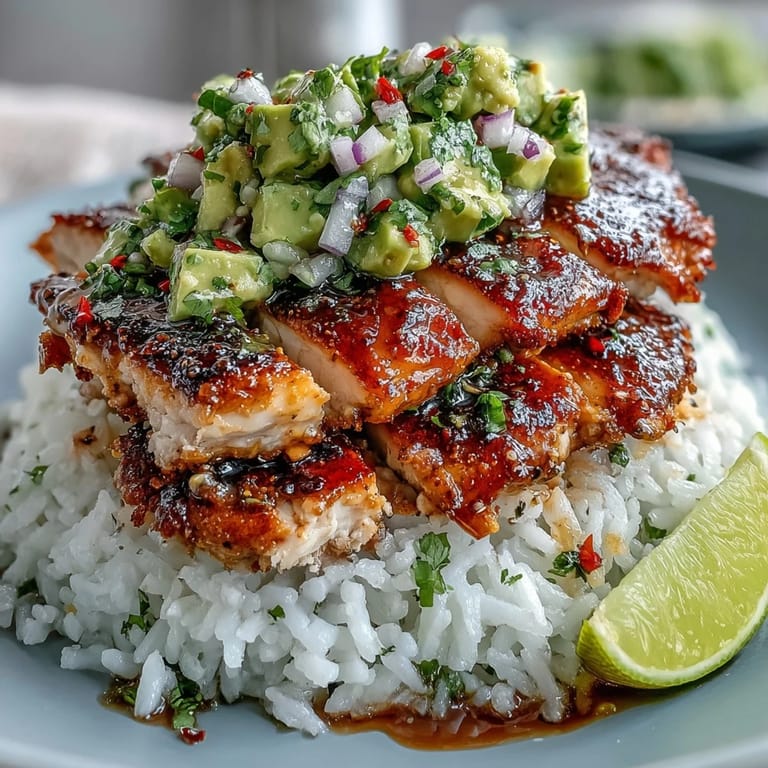 Juicy marinated chicken is layered with creamy avocado mix and cilantro, creating a beautiful and satisfying Tangy Honey Lime Chicken & Avocado Rice Stack.