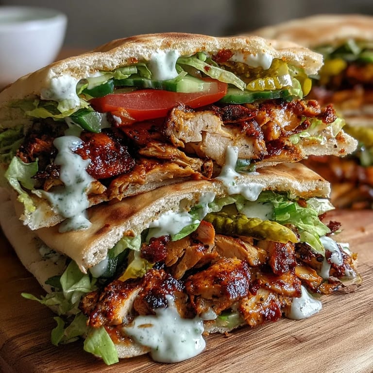 Sizzling marinated chicken thighs, sliced and served in soft pita bread with fresh toppings and tangy garlic sauce.