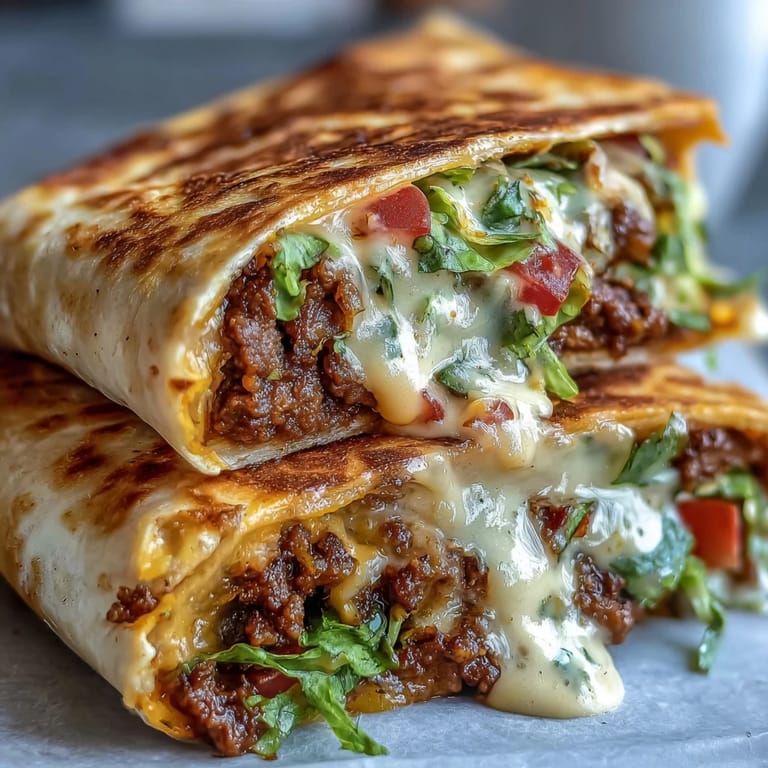 A fresh Keto Crunchwrap is sliced in half, revealing layers of savory ground beef, melted cheese, and crisp veggies inside a golden low-carb tortilla. 