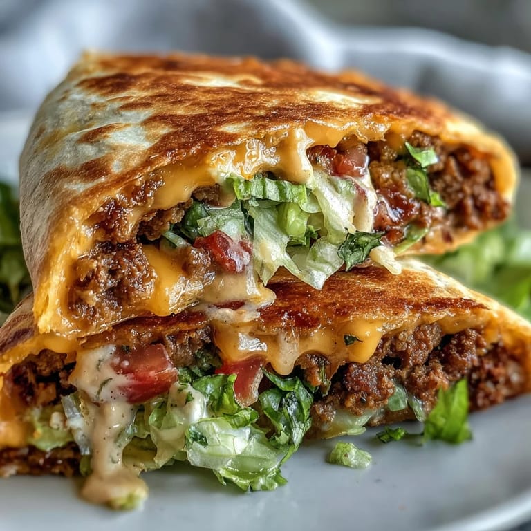 Close-up of a handheld Keto Crunchwrap garnished with cilantro and jalapeños, served on a plate with a side of sour cream for dipping.