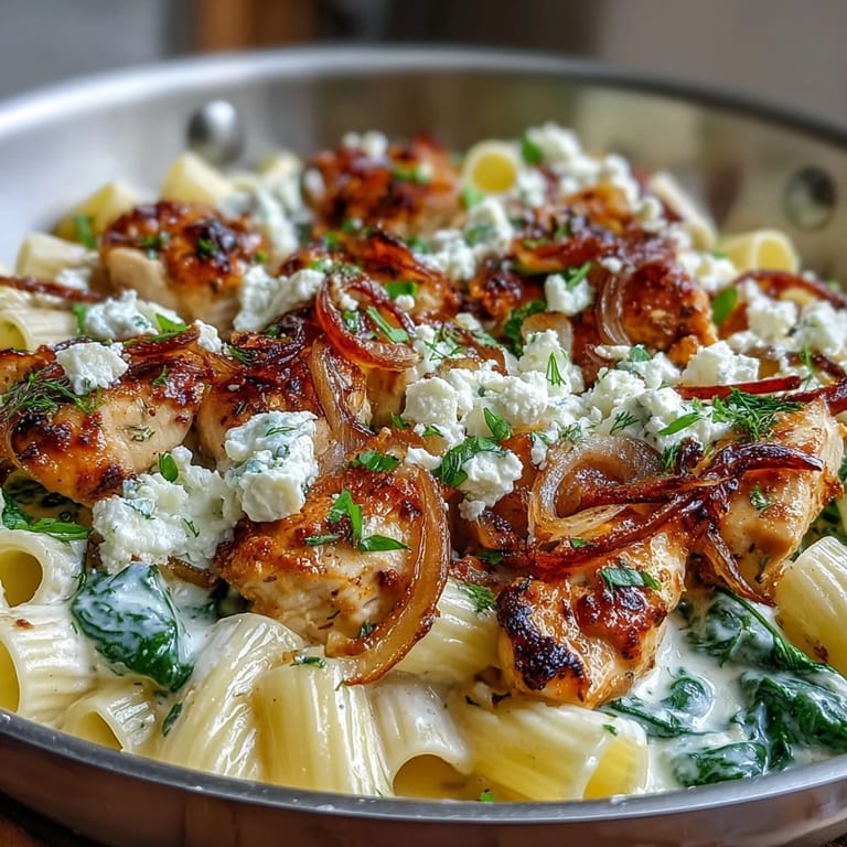 Close-up of Greek Chicken Feta Pasta Skillet garnished with fresh lemon zest and herbs.