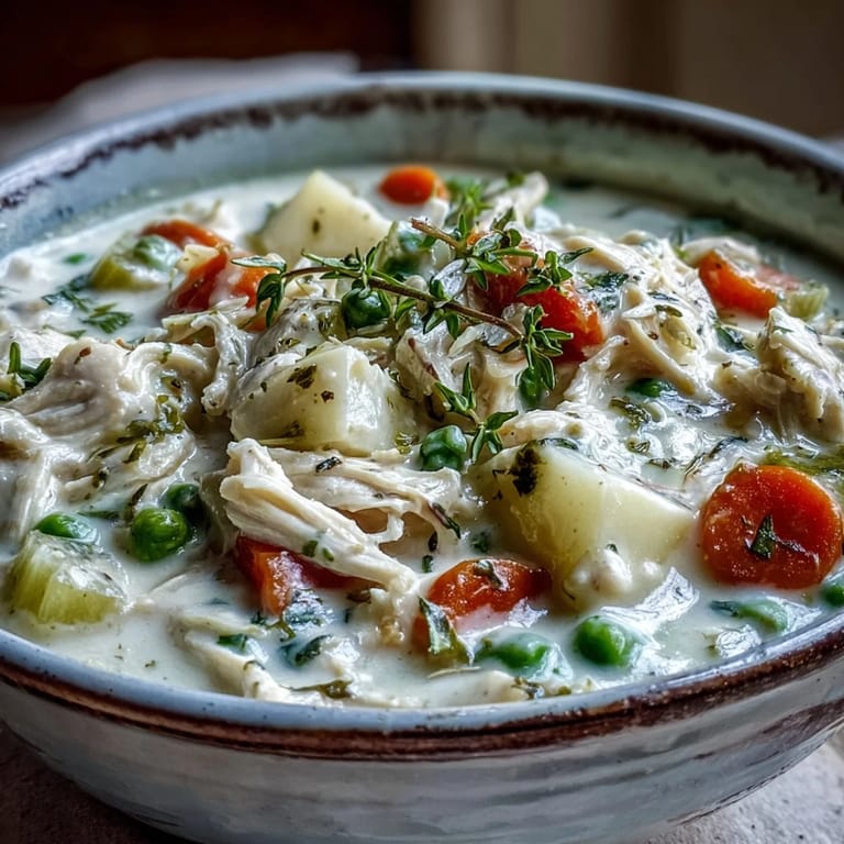 A bowl of Creamy Chicken Pot Pie Soup topped with fresh parsley, ladled alongside crusty bread for a cozy American family dinner.