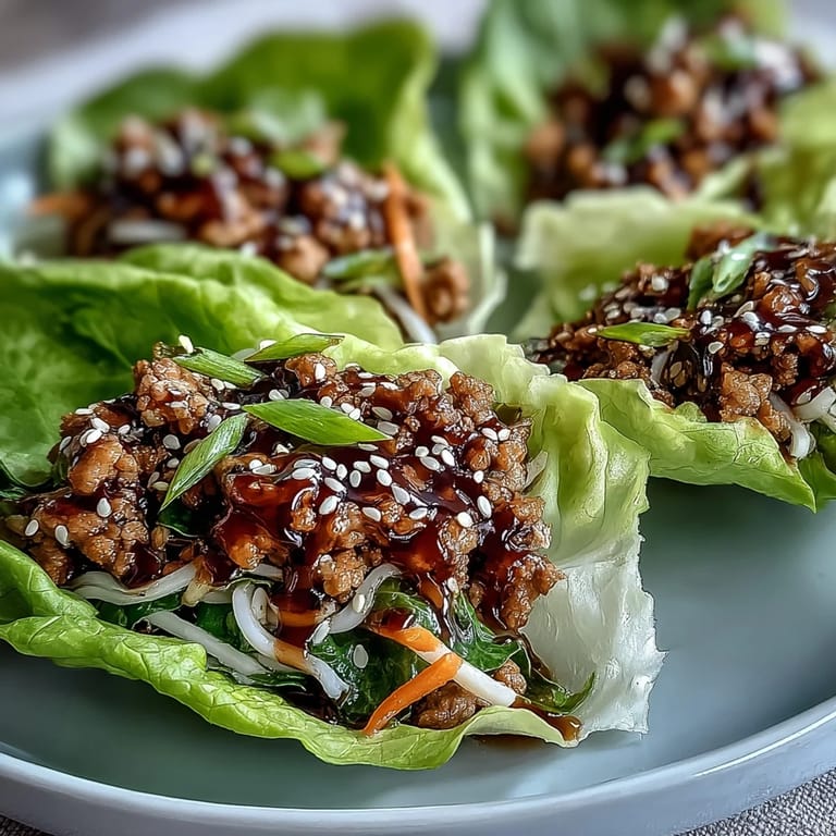 Steaming Potsticker Noodle Lettuce Cups garnished with sesame seeds and green onions, ready to eat as a low-carb meal.