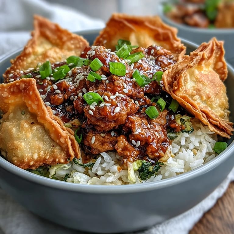 Topped with golden baked wonton strips, this deconstructed egg roll bowl offers an irresistible crunch and savory sesame aroma.