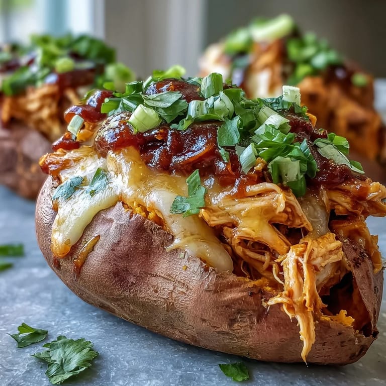 Freshly baked honey BBQ chicken stuffed sweet potatoes topped with green onions and cilantro, served warm.