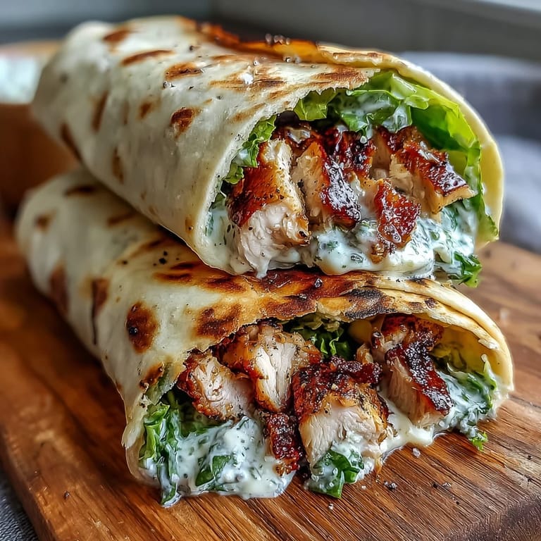 Spicy grilled chicken nestled in fluffy garlic naan with romaine and Caesar dressing, served with lemon for bright flavor.