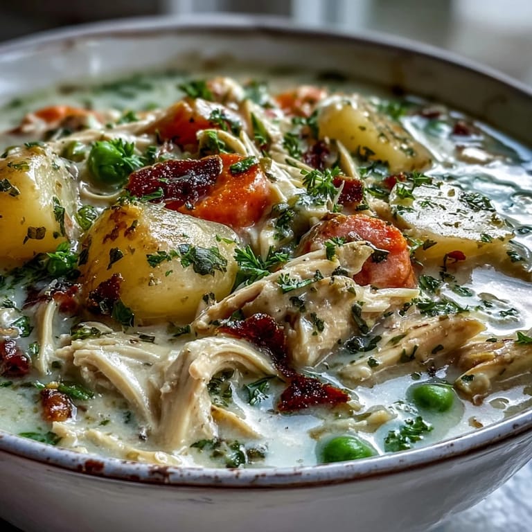 Bisque-hued Creamy Chicken Pot Pie Soup served beside flaky biscuits on a cozy kitchen table.