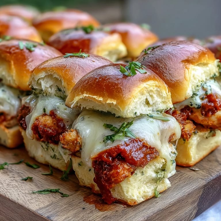 Juicy Pesto Chicken Parmesan Sliders stacked on a wooden board, revealing melted mozzarella and rich pesto inside the brioche buns.