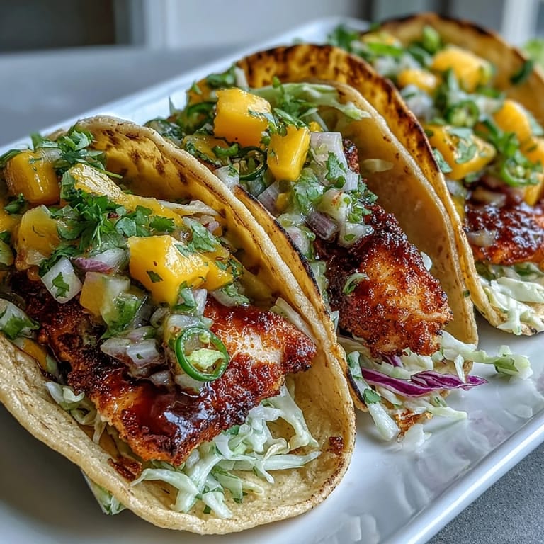 Close-up of Light Mango Salsa Tilapia Tacos in Corn Tortillas revealing tender tilapia chunks, diced mango, and red onion tucked inside warm tortillas.