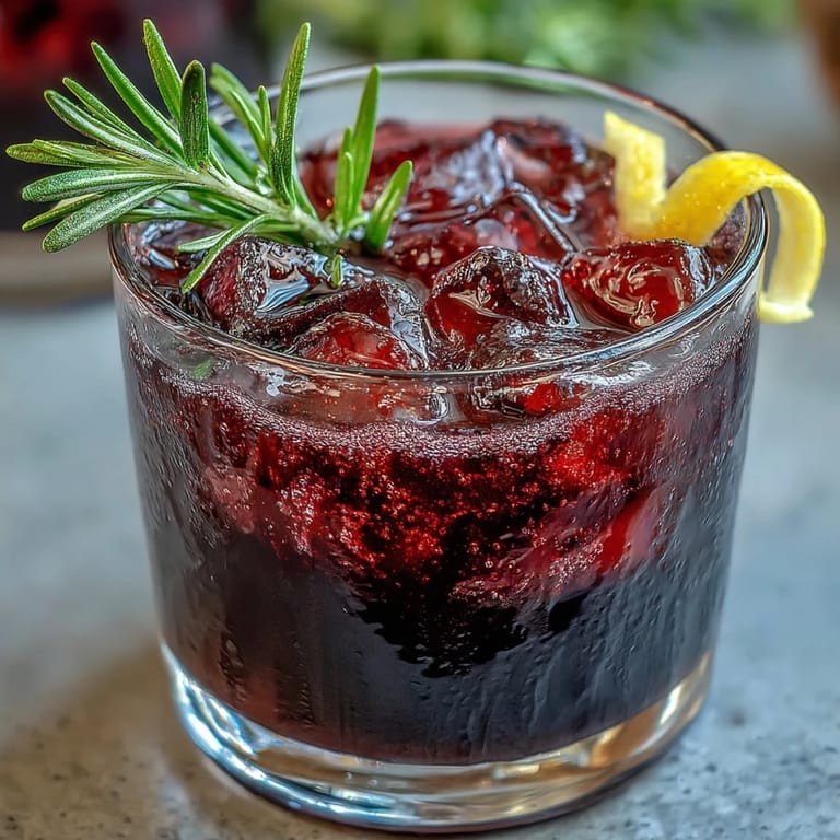 Close-up of the Black Currant Rosemary Cocktail, highlighting a fresh rosemary sprig and a lemon twist garnish against a blurred, warm background.