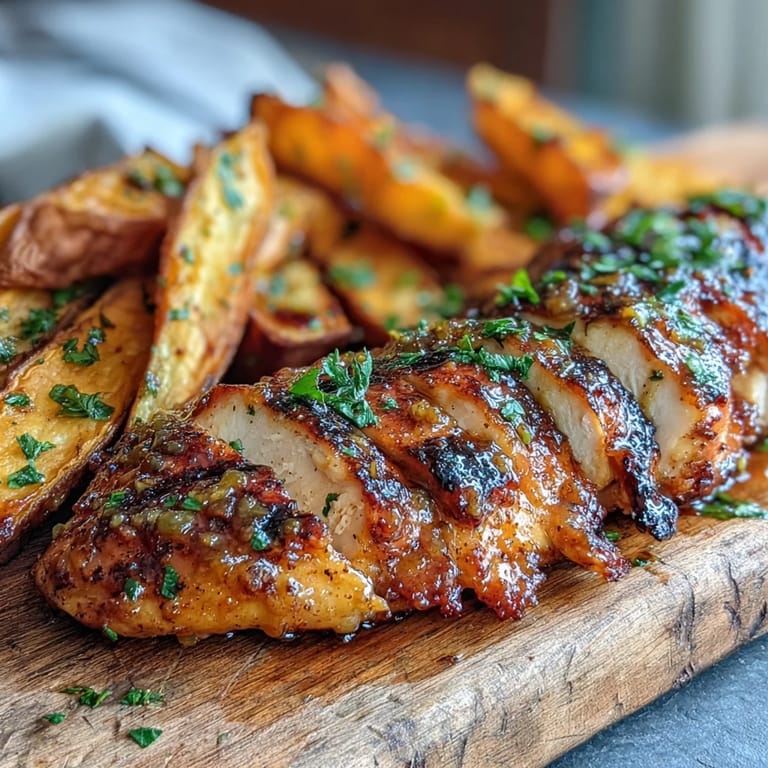 Roasted sweet potato wedges are lightly seasoned and paired with juicy honey mustard grilled chicken breasts.