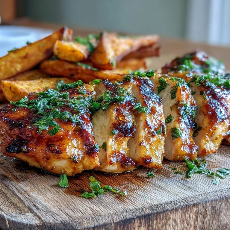 Crispy-edged roasted sweet potato wedges complement tender grilled chicken drizzled with a zesty honey mustard glaze.