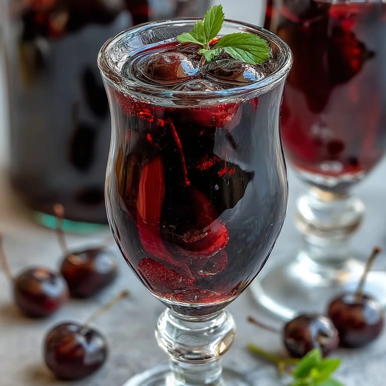 Rich, ruby-red blackcurrant vodka liqueur in a decanter, surrounded by ripe berries and a sugar bowl for a sweet finish.