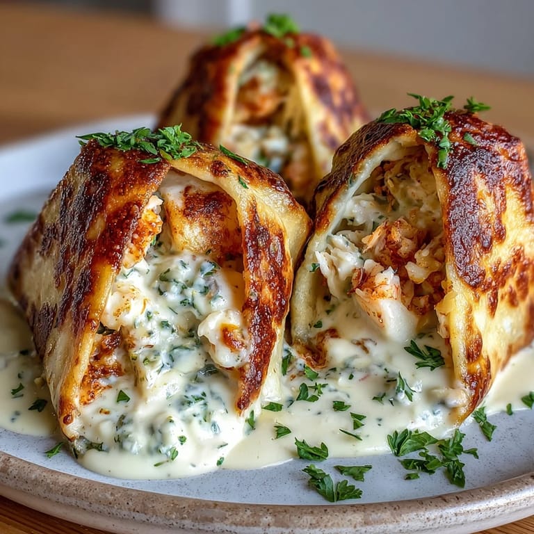 Cheesy seafood tortilla rolls baked to perfection, oozing with crab, shrimp, and melted cheese under garlic cream.