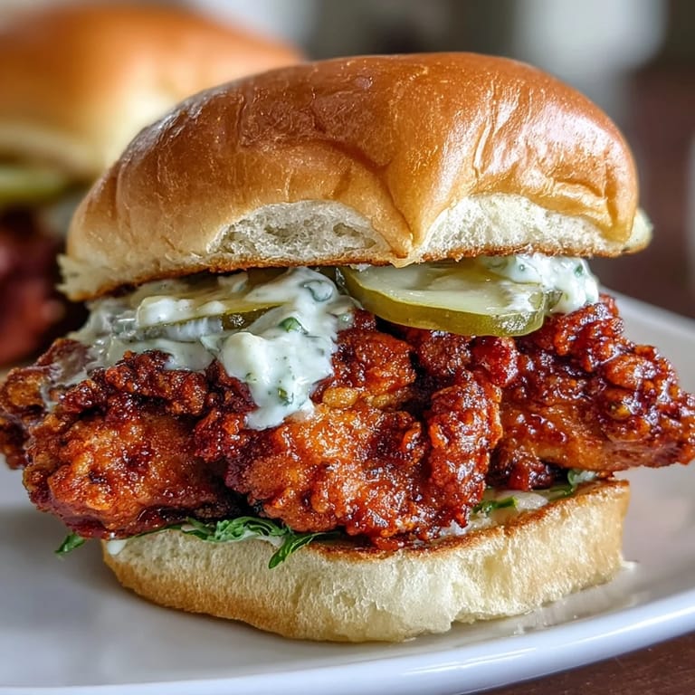 Fiery Nashville hot chicken sliders featuring buttermilk-brined thighs, dill pickle aioli drizzle, and fresh pickles for a Southern kick.