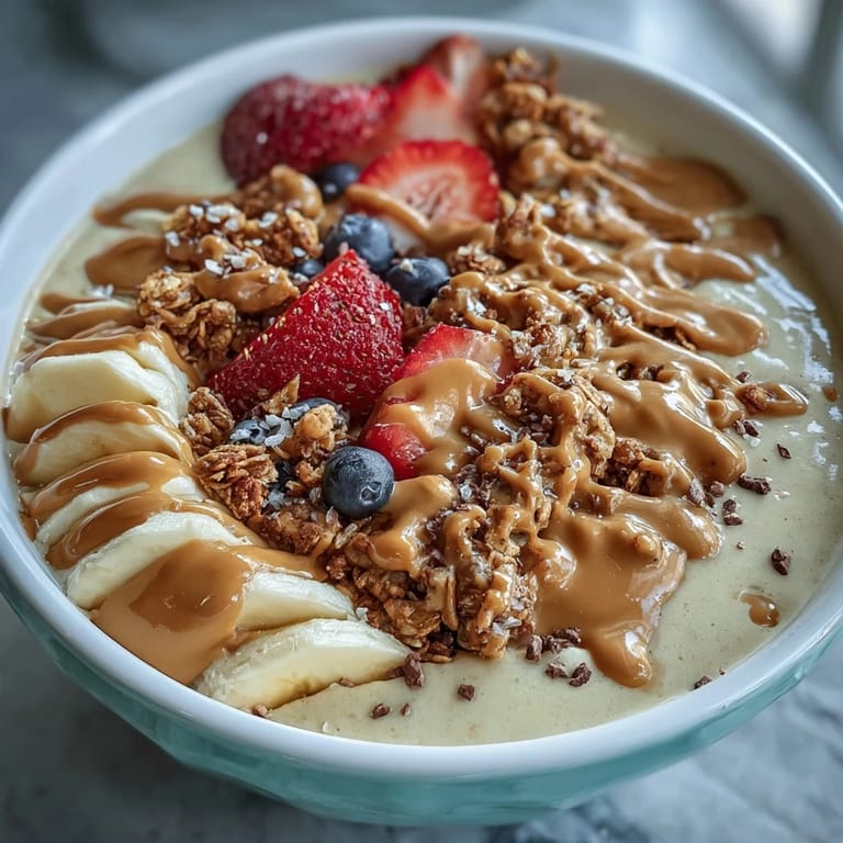 Rich and creamy vegan smoothie bowl featuring peanut butter, banana, and plant-based protein, finished with a drizzle of peanut butter and fresh fruit.