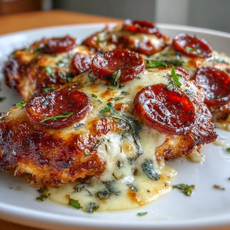 Low-carb pizza-inspired casserole featuring tender chicken, rich marinara, and bubbly melted cheese for a keto dinner.  