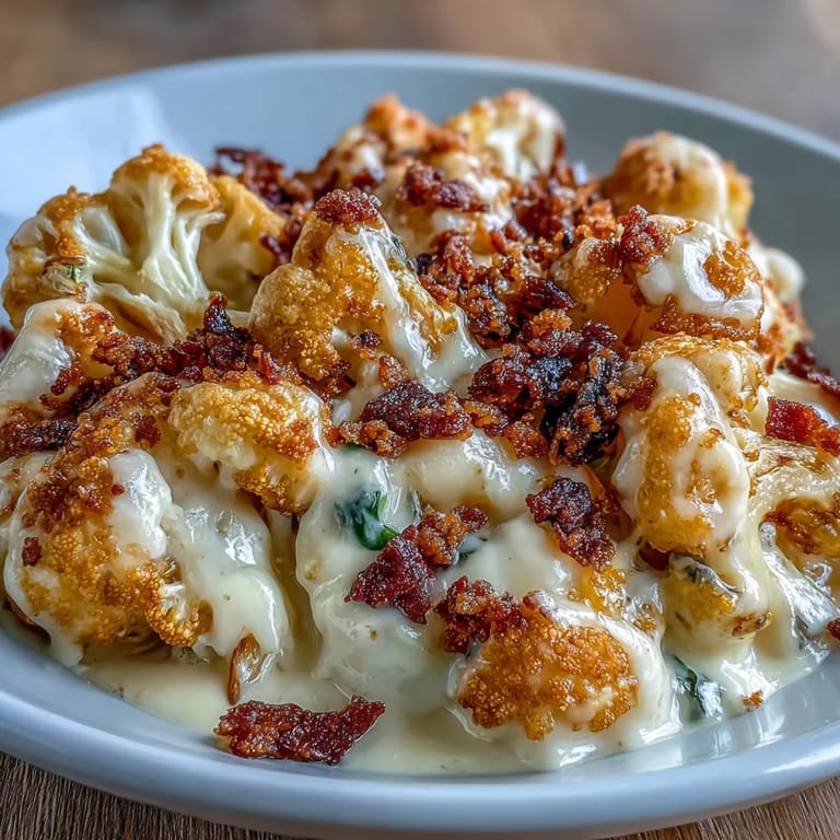 Decadent keto mac and cheese topped with smoky bacon crumbs and fresh herbs for a satisfying meal.