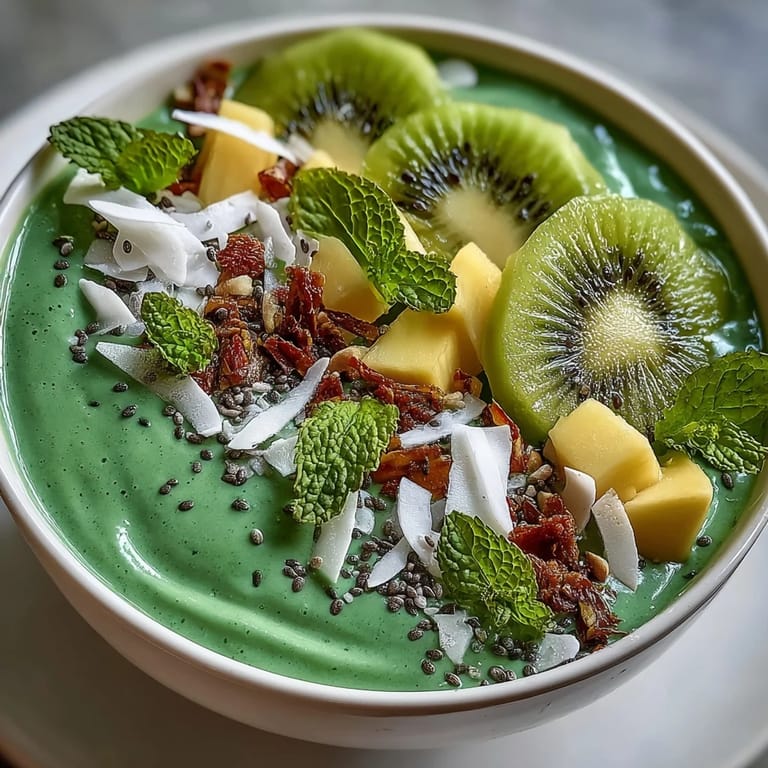 Creamy vegan smoothie bowl blending spinach, frozen banana, and tropical fruits, finished with crunchy coconut flakes and hemp seeds.