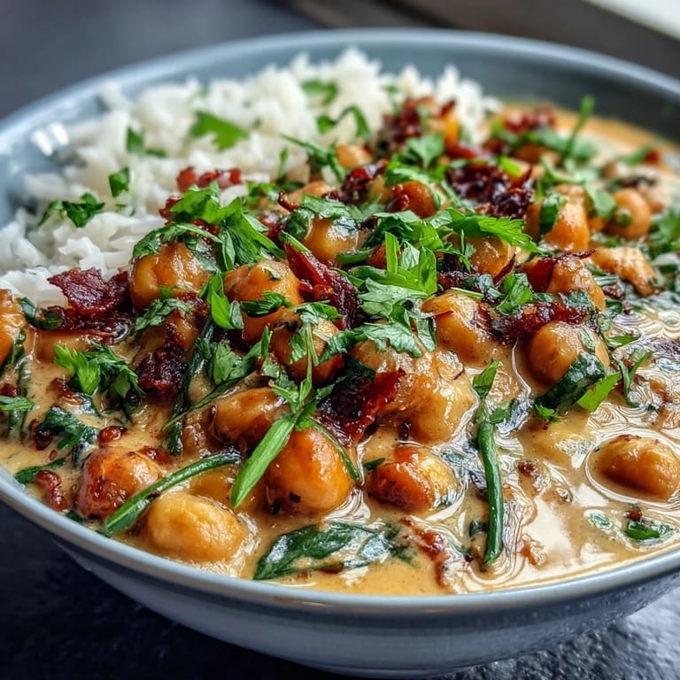 Aromatic mango chickpea curry with red bell pepper and ginger, garnished with fresh cilantro and served over steamed rice.