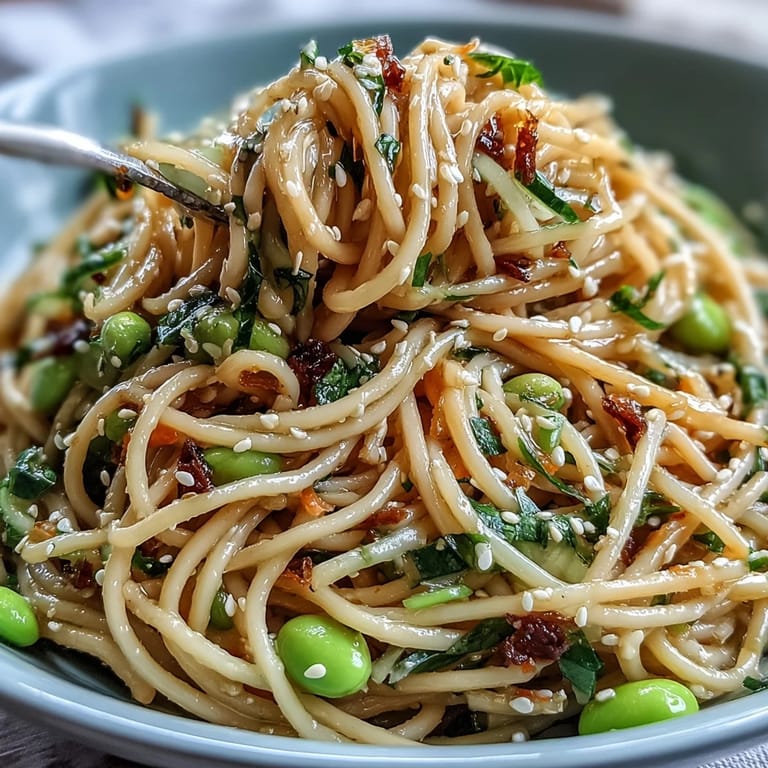 This sesame ginger noodle bowl features protein-rich edamame and crunchy vegetables tossed in a flavorful tahini-based dressing for a satisfying vegan meal.