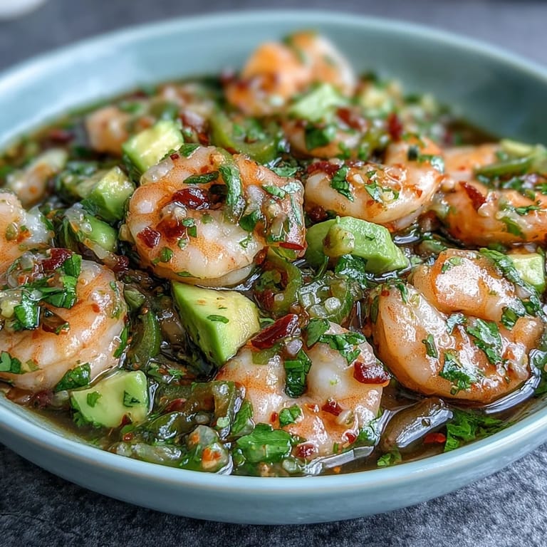 Vibrant shrimp ceviche bursting with lime, chilli, and avocado, served chilled with crisp tortilla chips.