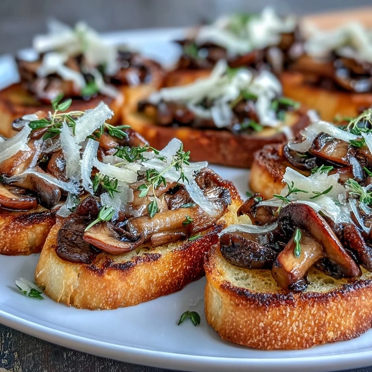Flavorful wild mushroom crostini recipe with garlicky toasts, fresh thyme, and a sprinkle of Parmesan cheese.  