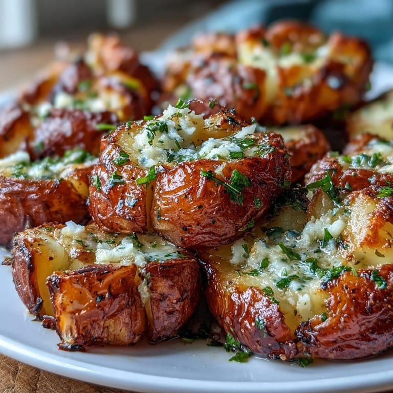 Golden smashed potatoes with crispy edges, finished with aromatic garlic oil and a pinch of flaky sea salt.