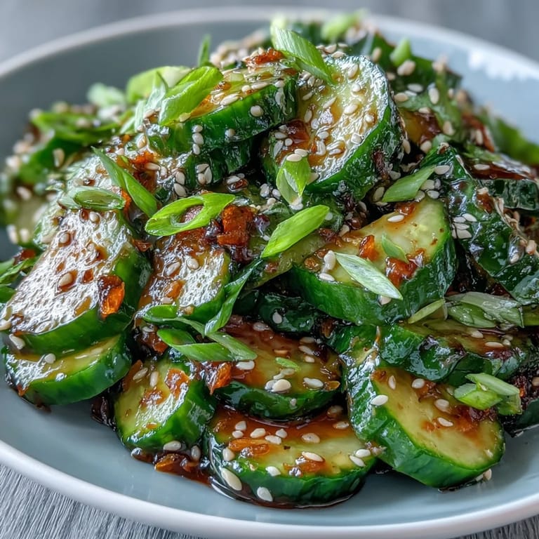 Vibrant cucumber salad tossed in a savory soy-sesame dressing, topped with toasted seeds for a crunchy bite.