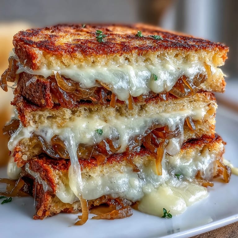 Crispy sourdough sandwich layered with rich caramelized onions and gooey Gruyère cheese, inspired by French onion soup flavors.