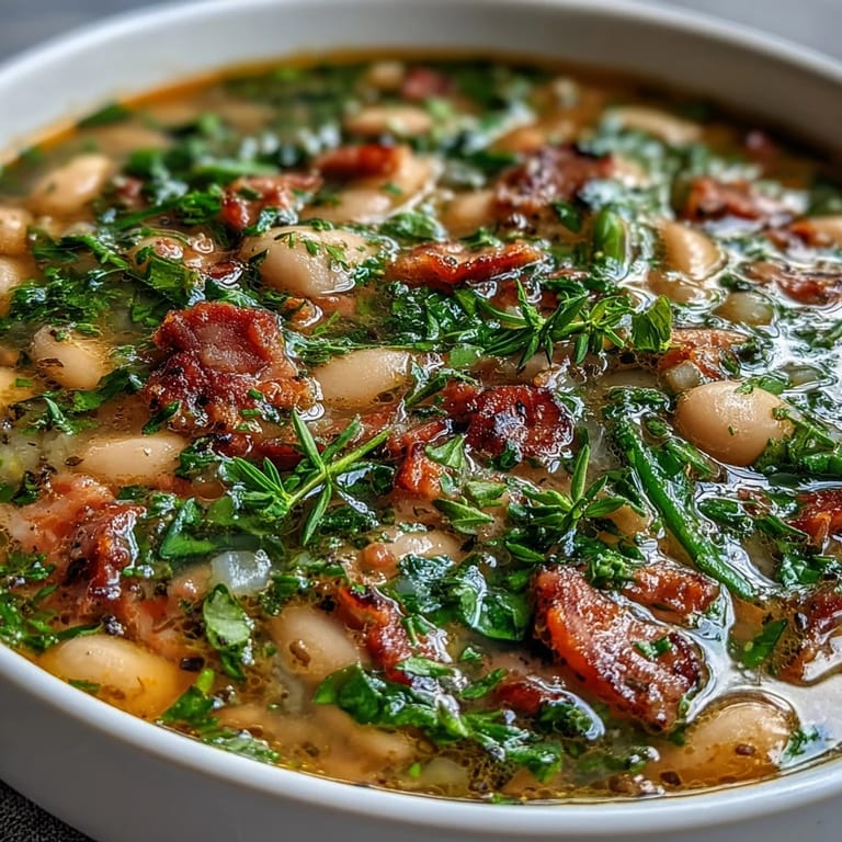 Creamy cannellini beans and tender ham chunks in a savory broth, accented by fresh thyme and carrots for a comforting meal.