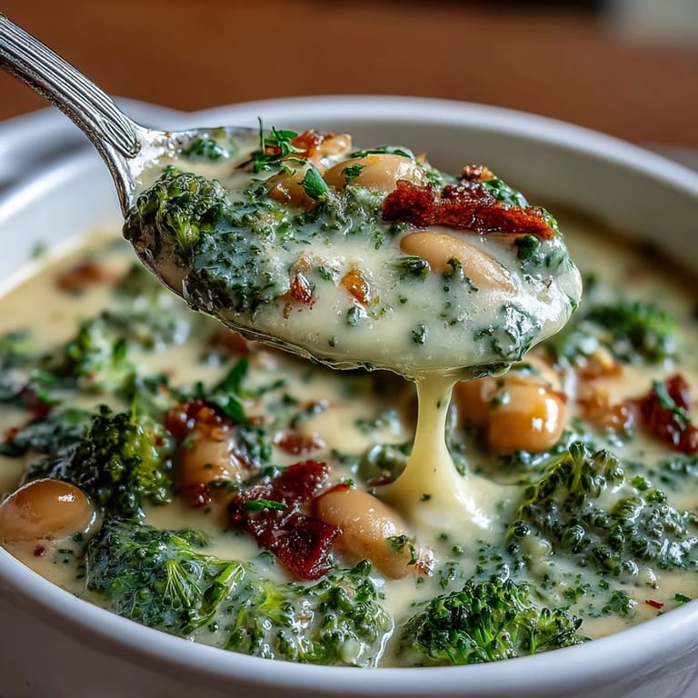 Rich and smooth broccoli cheddar soup featuring hearty beans, aromatic vegetables, and golden melted cheese.