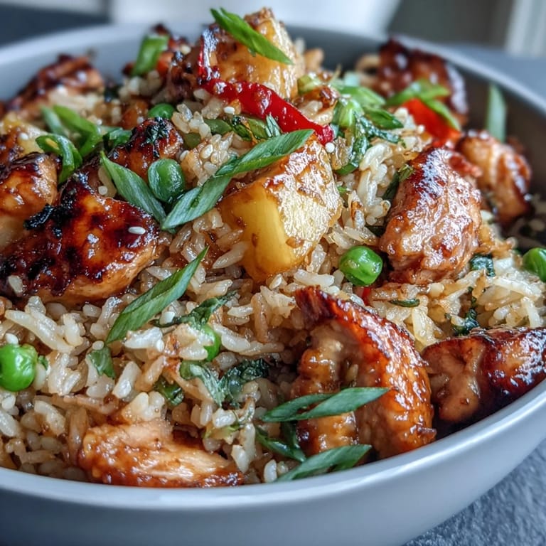 Vibrant sweet chili chicken pineapple fried rice served with fresh cilantro, lime wedges, and crunchy roasted cashews for a tropical twist.