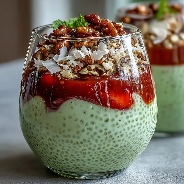 Layered chia pudding jars with vibrant strawberry puree and green matcha cream, perfect for breakfast or snack.