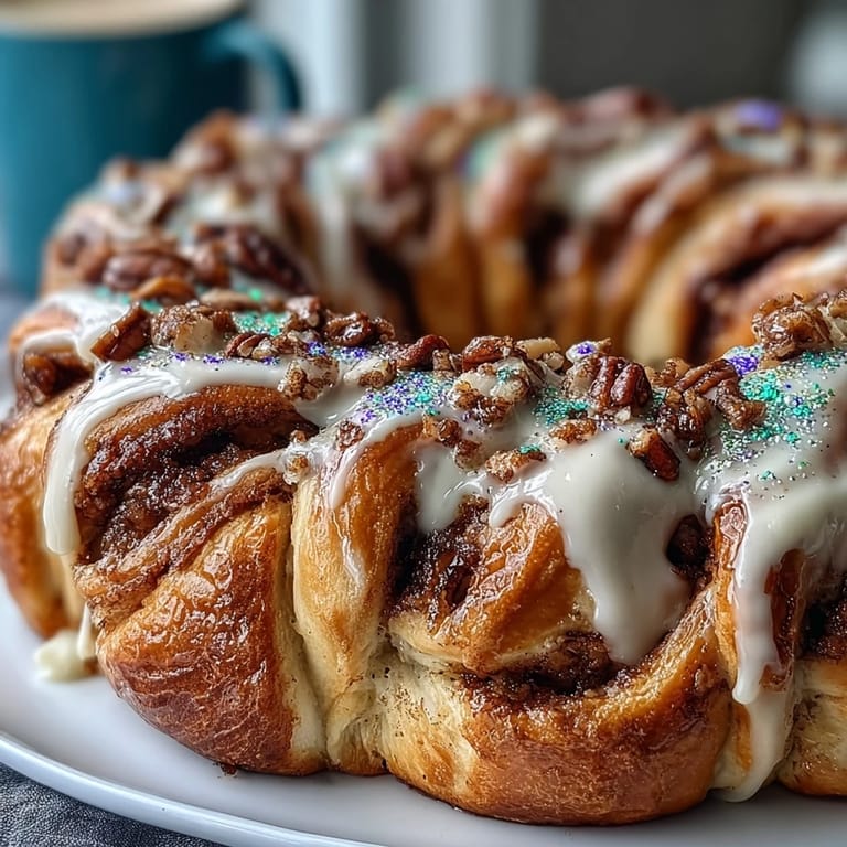 Warm cinnamon roll wreath twisted with butter, brown sugar, and cinnamon, shaped into a celebratory Mardi Gras ring.  