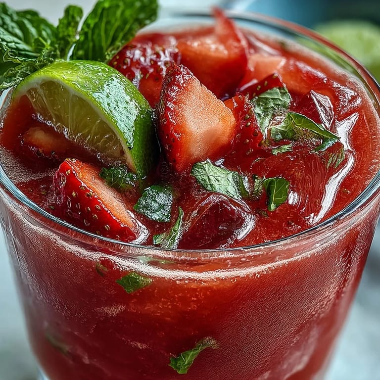 Vibrant red Strawberry Watermelon Daiquiri Mocktail garnished with mint sprigs, perfect for a summer party or relaxing afternoon treat.