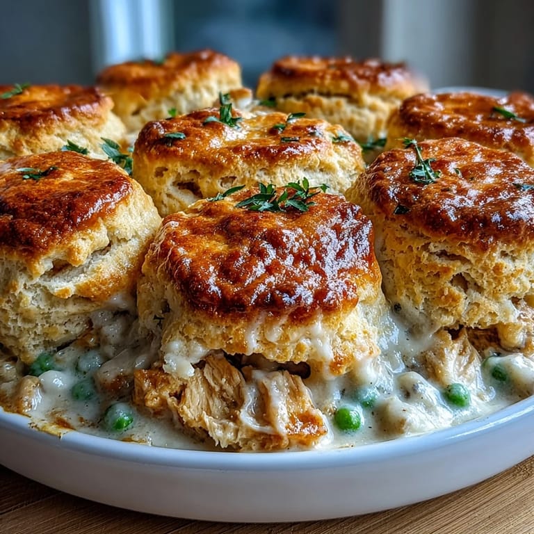 Close-up view of a fluffy biscuit topping on a bubbling chicken pot pie, golden crust and creamy sauce visible.