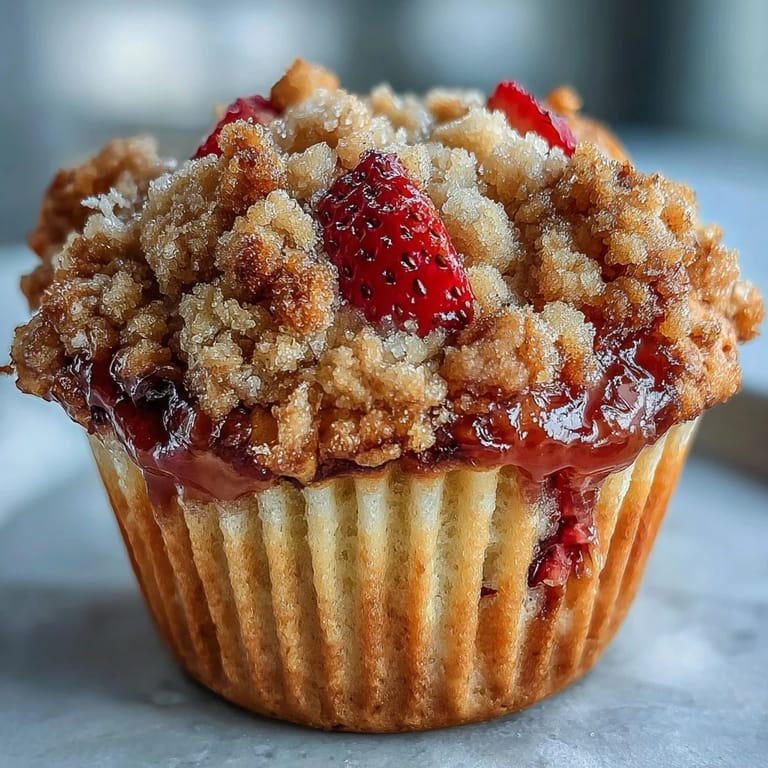 Buttery crumble-topped strawberry muffins bursting with fresh berries and fragrant lemon zest—perfect for breakfast or brunch.  