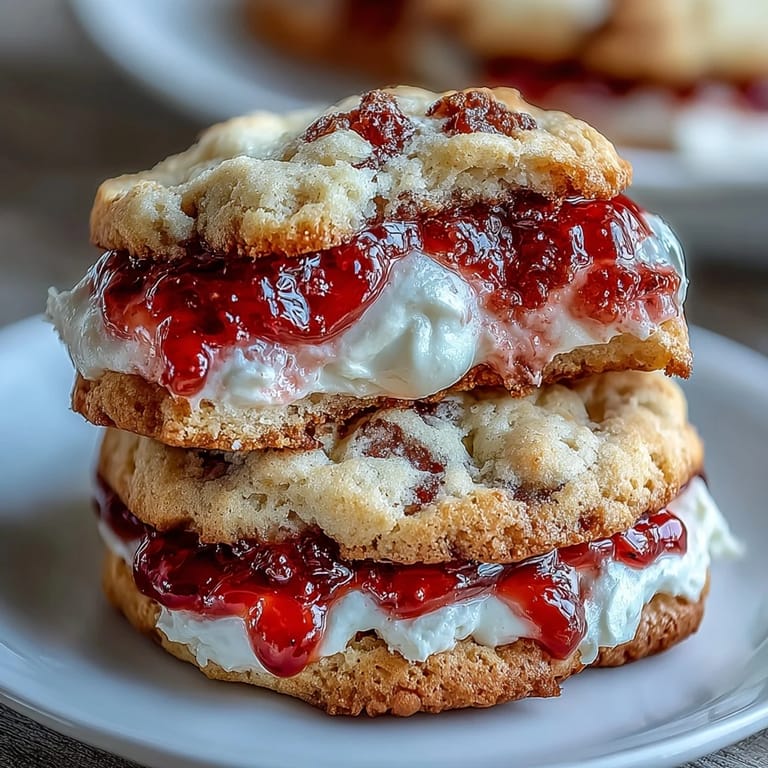 Tender cookies with creamy clotted cream and vibrant strawberry jam, ideal for dessert or tea.