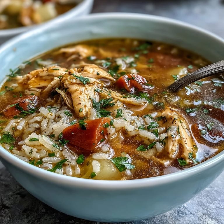 Wholesome chicken and rice soup featuring juicy chicken, long-grain rice, and aromatic herbs for a cozy dinner.