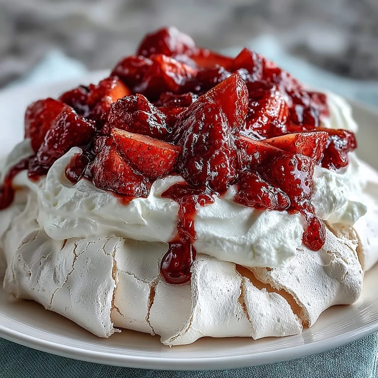 3. Elegant Strawberry Pavlova with Whipped Cream, showcasing golden meringue, billowy vanilla cream, and fresh sliced strawberries for a perfect summer treat.