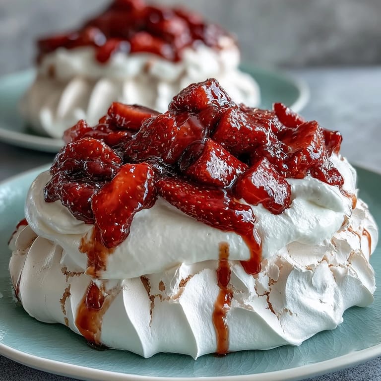 2. A classic Strawberry Pavlova with Whipped Cream, featuring a light and airy meringue base, rich whipped topping, and vibrant red strawberries.  
