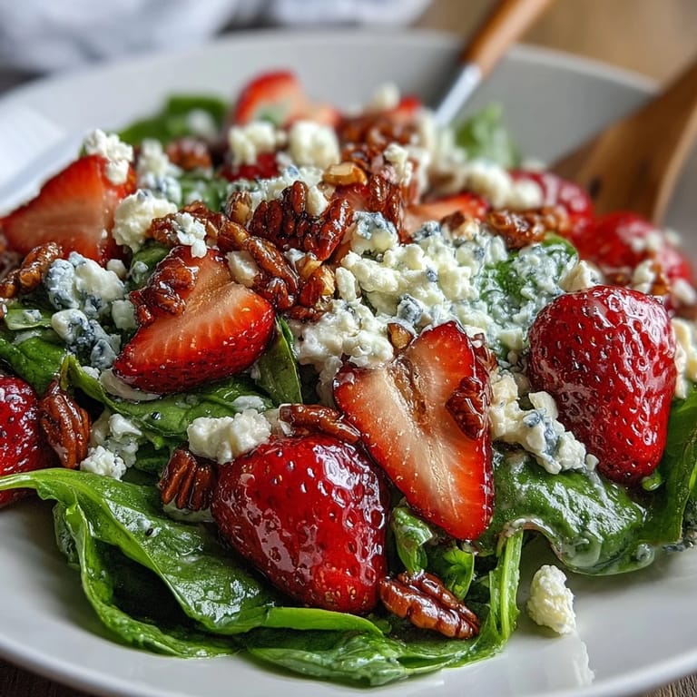 Sweet strawberries and tender spinach tossed with creamy poppyseed dressing, crunchy almonds, and feta.  