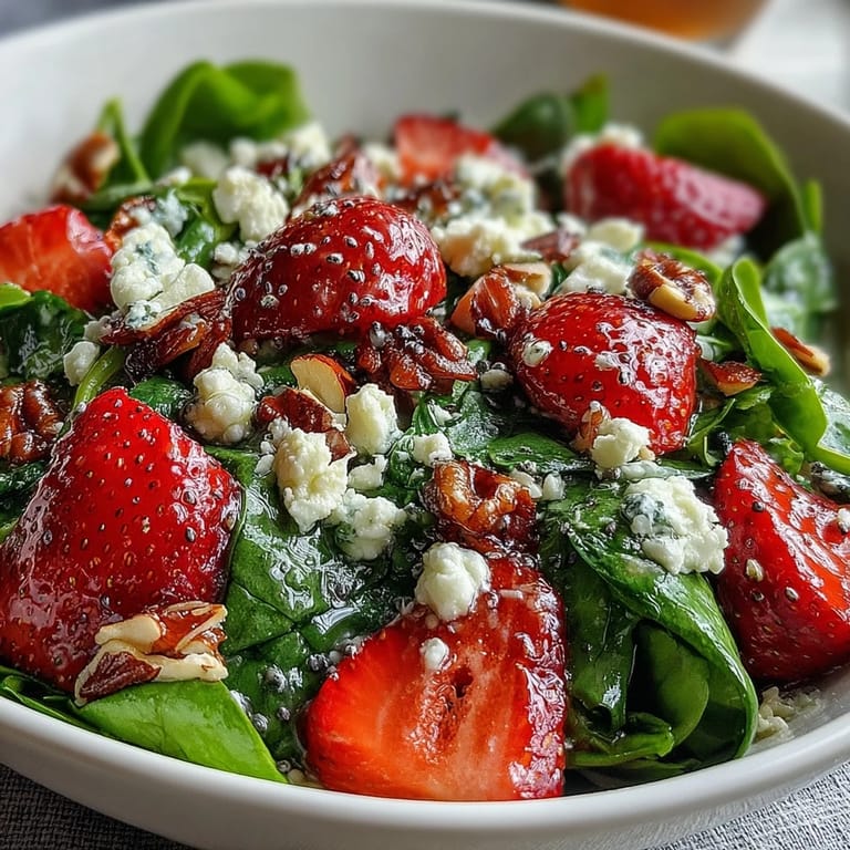 Colorful spinach salad with strawberries, red onion, and poppyseed dressing, topped with toasted nuts and feta.