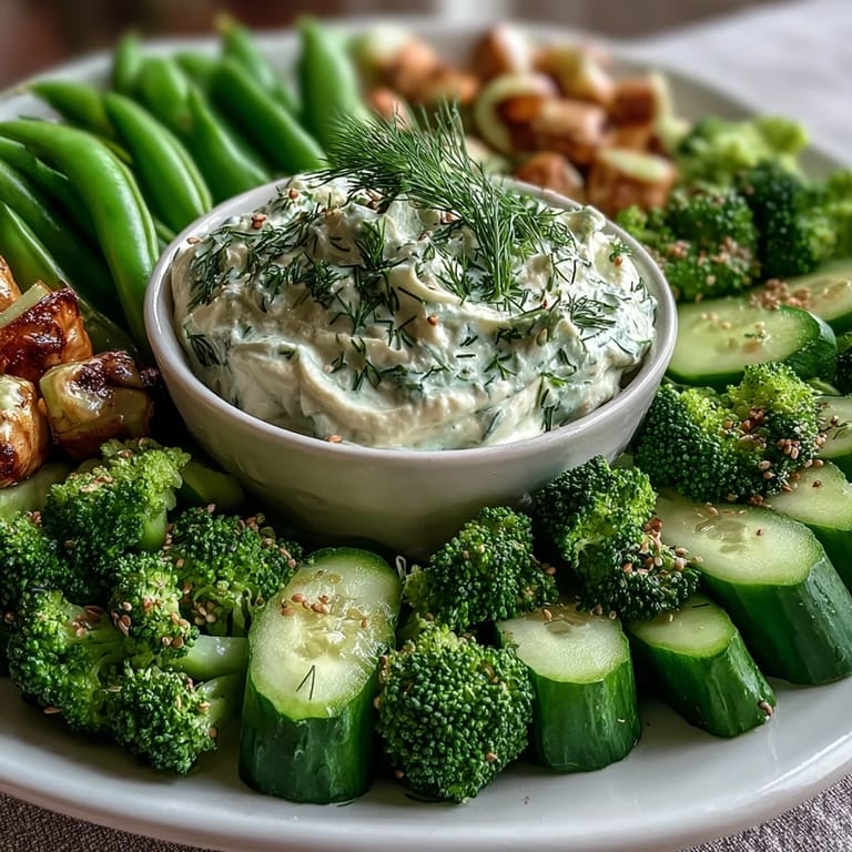 Vibrant vegetable platter featuring crisp cucumbers, snap peas, and bell peppers served with homemade avocado ranch dip.  