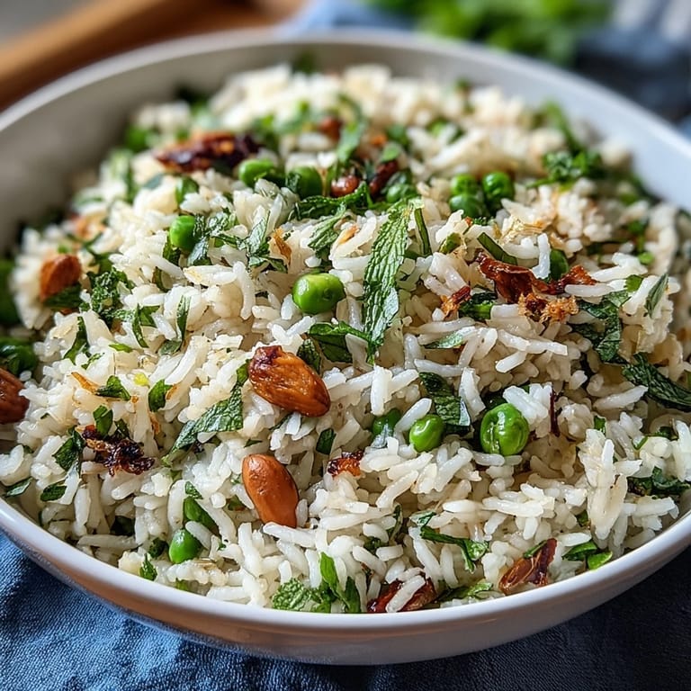 Fluffy rice pilaf tossed with sweet peas and aromatic mint, garnished with lemon zest, offering a fresh and flavorful vegetarian side dish.