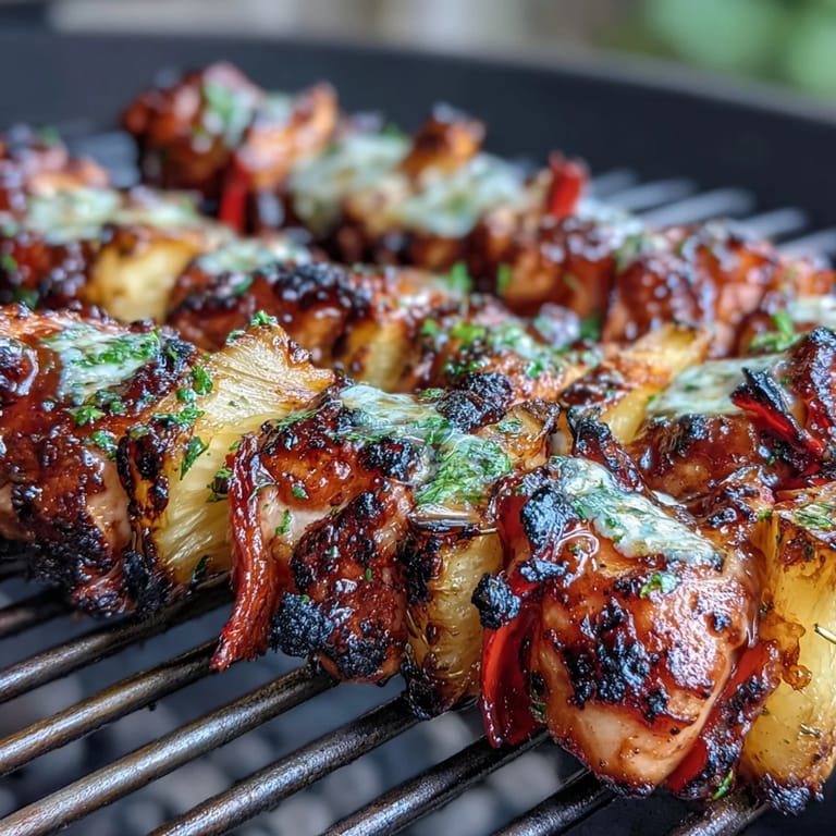 Grilled pineapple chicken skewers with juicy chicken and caramelized pineapple on skewers.